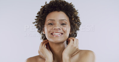 Buy stock photo Hair, portrait and smile with woman in studio for shampoo satisfaction or treatment results. Afro, beauty and growth with happy African person isolated on white background for curly haircare