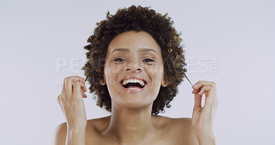 Buy stock photo Excited, hair and portrait with woman in studio for shampoo satisfaction or treatment results. Afro, curly and growth with smile of African person isolated on white background for beauty or haircare