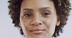 Portrait, black woman and skincare for shine, aesthetic and wellness on studio background. African model, person and glow with cosmetics, satisfaction and dermatology treatment for natural beauty