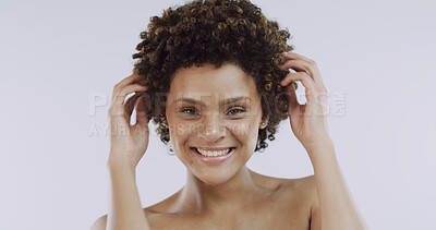 Buy stock photo Hair care, beauty and portrait of woman in studio with natural, health and curly treatment. Happy, cosmetic and female person from Colombia with afro hairstyle for wellness by white background.