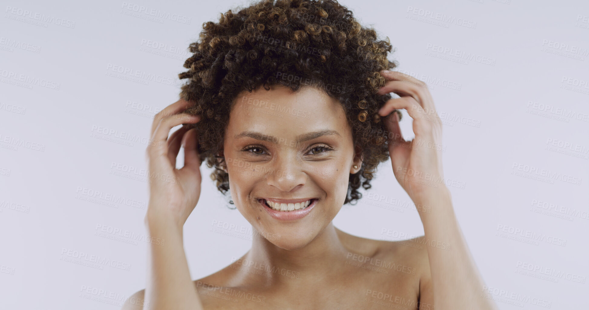 Buy stock photo Hair care, beauty and portrait of woman in studio with natural, health and curly treatment. Happy, cosmetic and female person from Colombia with afro hairstyle for wellness by white background.