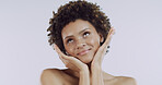Beauty, hands and smile with woman in studio for skincare, collagen and dermatology. Glow, self care and clear skin with face of African person on white background for space, aesthetic and shine