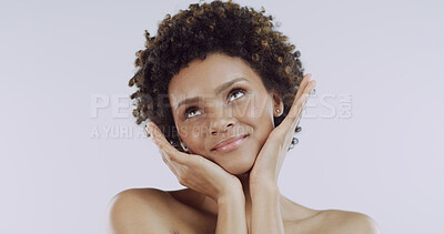 Buy stock photo Beauty, hands and smile with woman in studio for skincare, collagen and dermatology. Glow, self care and clear skin with face of African person on white background for space, aesthetic and shine