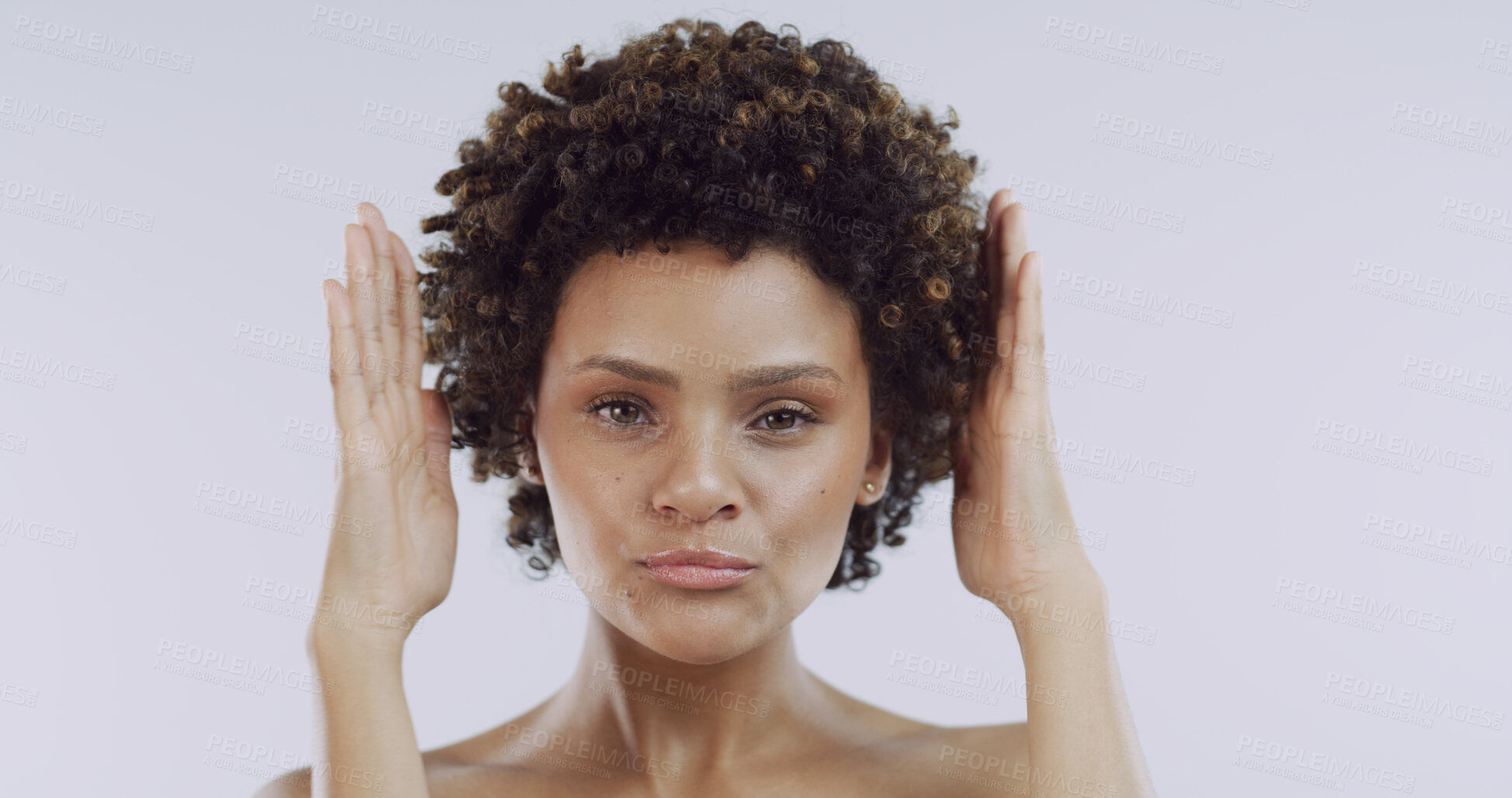 Buy stock photo Frame, hair and portrait with woman in studio for shampoo satisfaction or treatment results. Afro, curly and growth with hands of confident African person isolated on white background for haircare