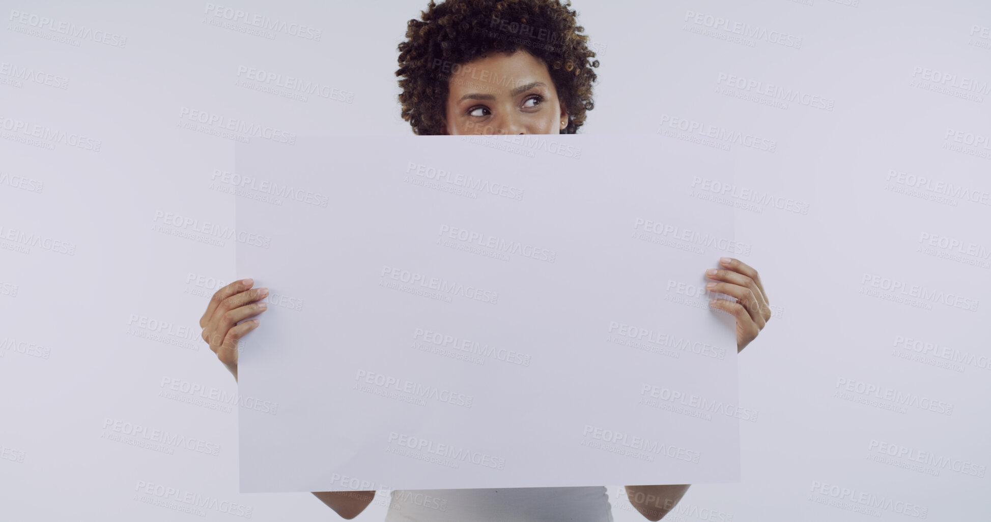 Buy stock photo Woman, poster and thinking in studio with skincare, mockup space and afro on white background. African girl, model and blank sign for advertising, cosmetic or natural glow with dermatology for beauty