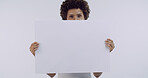 Girl, blank poster and portrait in studio with beauty, mock up space or afro on white background. African woman, model and sign for advertising, cosmetic or natural glow with dermatology in Nigeria