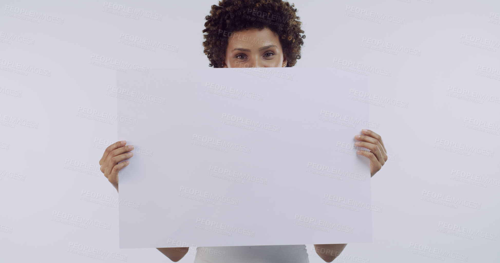 Buy stock photo Girl, poster and studio portrait with promotion, mock up space and afro on white background. African woman, blank sign and advertising with board, sale or announcement for discount deal in Nigeria