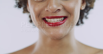 Buy stock photo Lipstick, happy and mouth of woman in studio for red glow, beauty products and cosmetics. Smile, model and closeup of female person isolated on white background for teeth, makeup or elegant glamour