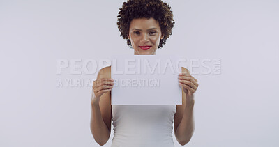 Buy stock photo Girl, blank poster and beauty in studio with cosmetics, mock up space or afro on white background. African woman, model and sign for advertising, portrait or natural glow with dermatology in Nigeria