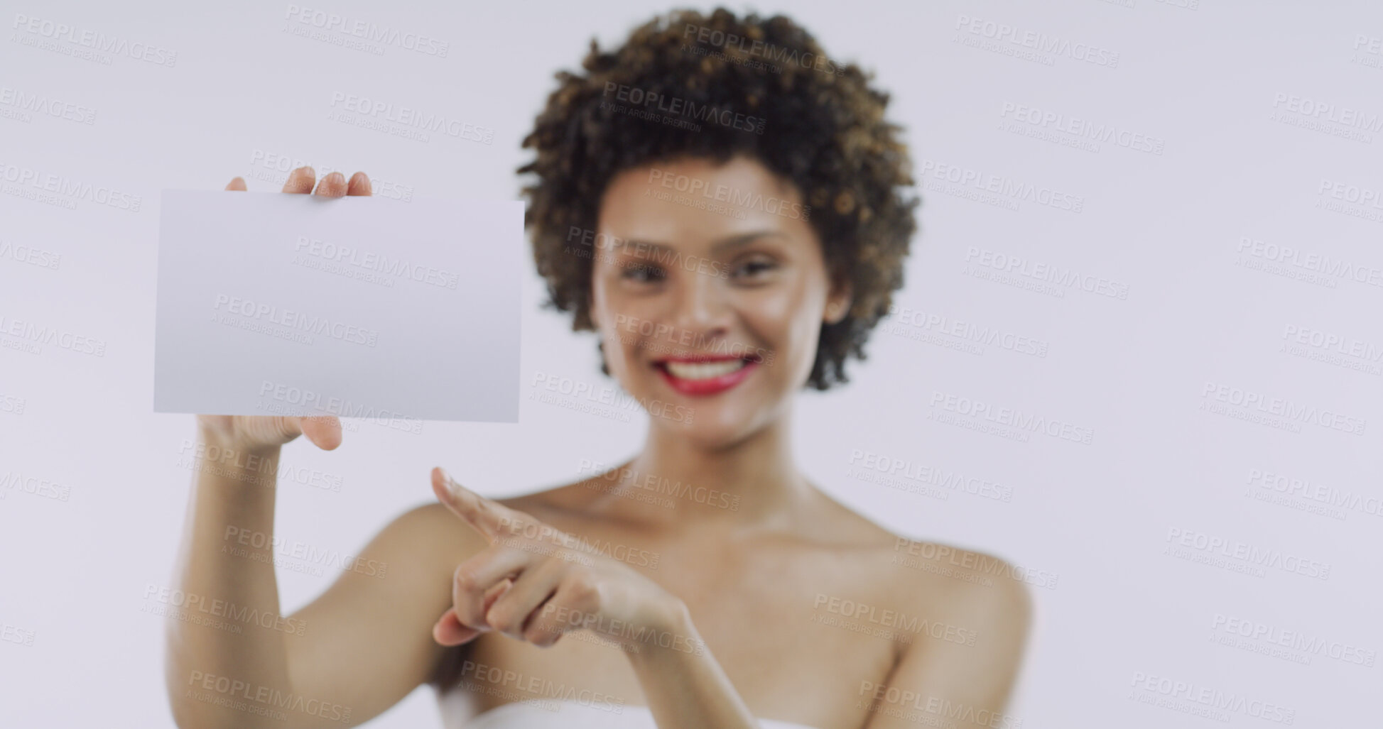 Buy stock photo Portrait, beauty and woman with board for skincare, space or cosmetics on white background. Pointing, smile or female person in advertising studio with dermatology banner, promo card or poster mockup