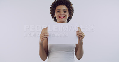 Buy stock photo Happy woman, blank poster and studio portrait, cosmetics and mock up space on white background. Girl, model and board for advertising, makeup and smile with beauty sale, sign and deal in Brazil