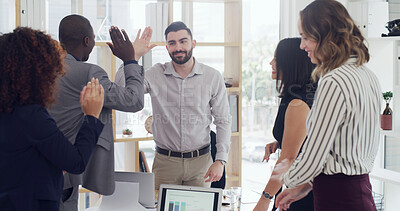 Buy stock photo High five, partnership and business people in office with finance teamwork, celebration or support. Happy, success and group of financial advisors with good news, target or investment deal together.
