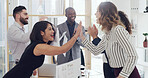 High five, teamwork and business people in office with finance partnership, celebration or support. Happy, success and group of financial advisors with good news, target or investment deal together.