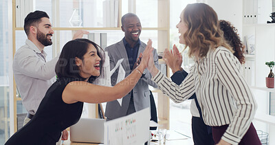 Buy stock photo High five, teamwork and business people in office with finance partnership, celebration or support. Happy, success and group of financial advisors with good news, target or investment deal together.
