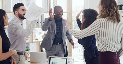 Buy stock photo High five, celebration and business people in office with finance teamwork, partnership or support. Happy, success and group of financial advisors with good news, target or investment deal together.