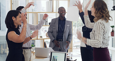 Buy stock photo Success, throw paperwork and business people in office with good news, financial profit and celebrate. Corporate, professional and workers on laptop in meeting for victory, finance growth or increase