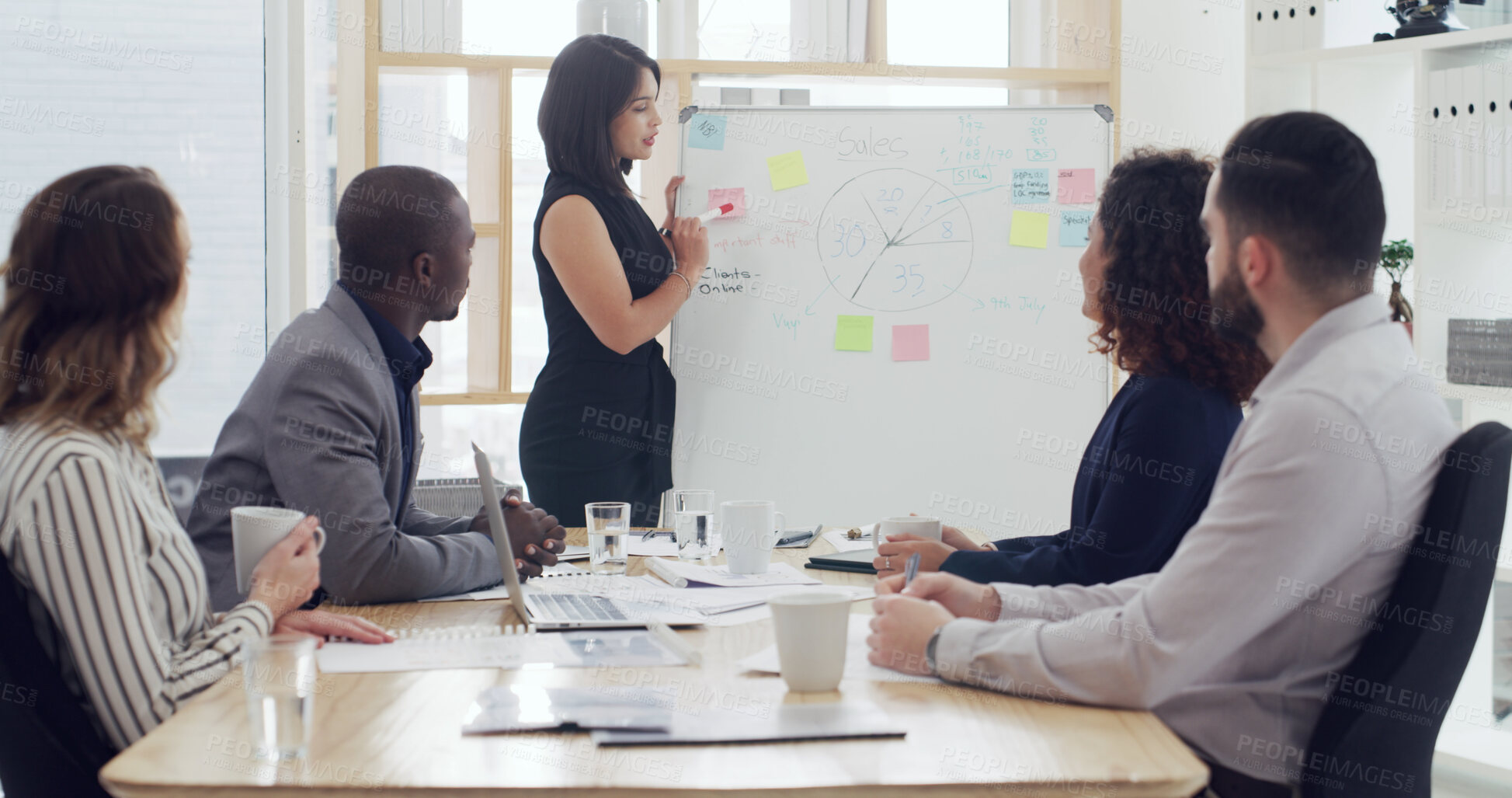 Buy stock photo Coaching, whiteboard and workshop with business people in boardroom of office for sales update. Feedback, presentation and review with employee team in corporate workplace for development seminar