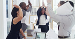 Business people, success and throw paper for finance, high five and applause for goals at company. Men, women and team with documents, graphs and celebration for revenue increase at investment agency