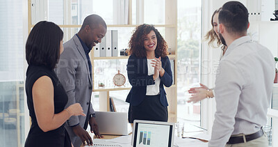 Buy stock photo Business people, meeting and team with applause for success, support and positive sales projections on laptop. Screen, graphs and good financial forecast with praise for collaboration and achievement