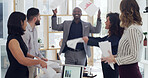 Businessman, team and throw paper for finance, high five and applause for goals at company. Group, women and staff with documents, graphs and celebration for revenue increase at investment agency