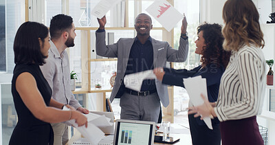 Buy stock photo Businessman, team and throw paper for finance, results or excited with chart for goal at company. Group, women and staff with document, graphs and celebration for revenue increase at investing agency