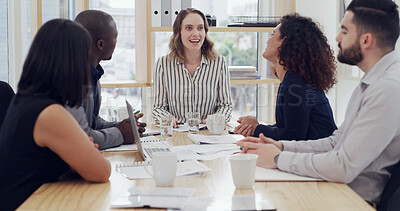 Buy stock photo Collaboration, meeting and planning with business people in boardroom of office for discussion. Conversation, project management and teamwork with employee team in workplace for strategic ideas