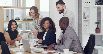 Buy stock photo Laptop, teamwork and planning with business people in office for court case, lawyer and evidence review. Attorney report, settlement documents and research with employees in law firm for trial memo