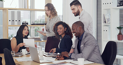 Buy stock photo Laptop, teamwork and discussion with business people in office for court case, lawyer and evidence review. Attorney report, settlement documents and planning with employees in law firm for trial memo