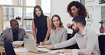 Laptop, planning and research with business people in office for court case, lawyer and evidence review. Attorney report, settlement documents and teamwork with employees in law firm for trial memo