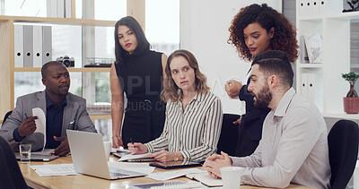 Buy stock photo Laptop, talking and research with business people in office for court case, lawyer or evidence review. Attorney report, settlement documents and planning with employees in law firm for trial briefing