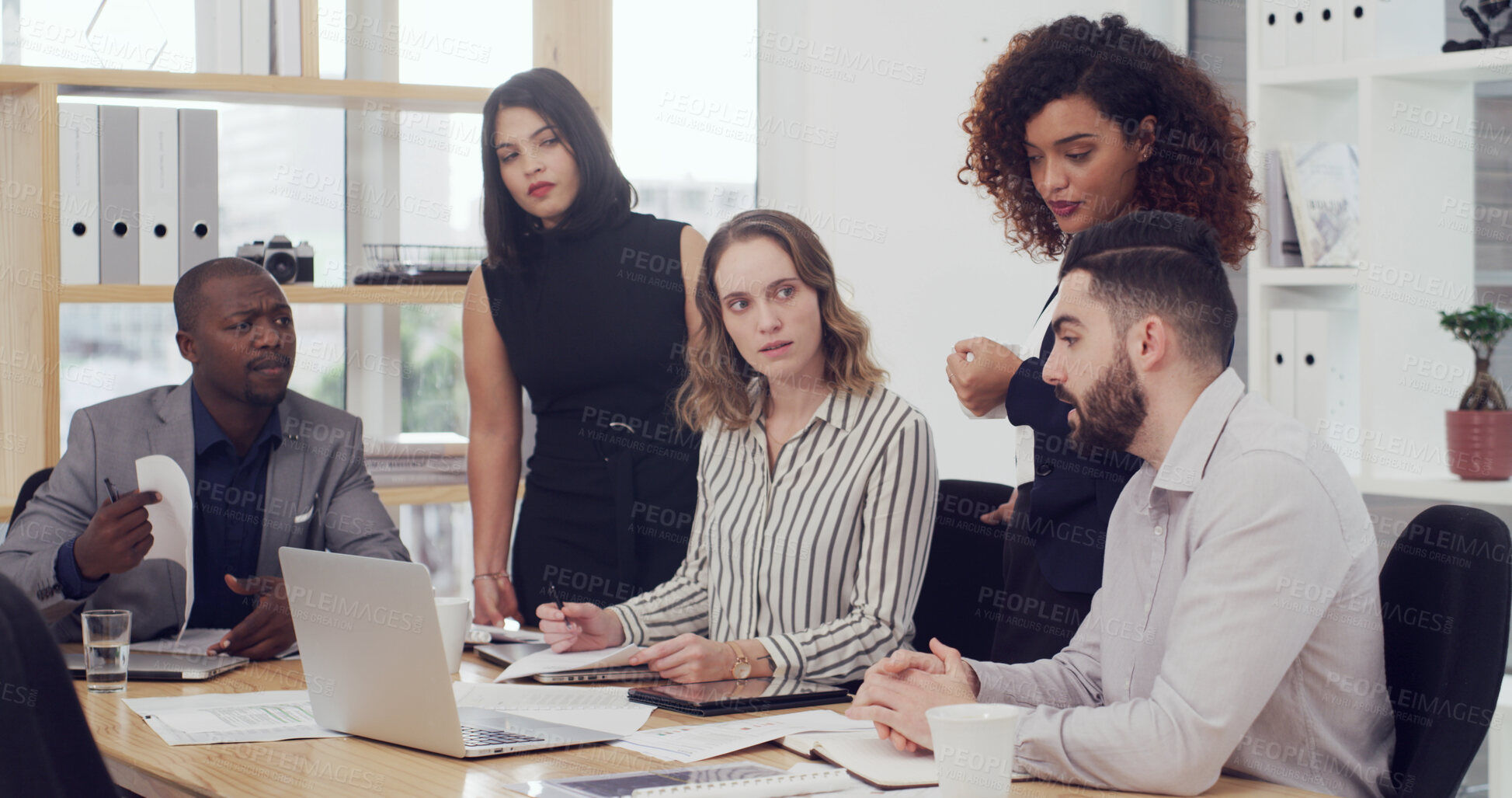 Buy stock photo Laptop, talking and research with business people in office for court case, lawyer or evidence review. Attorney report, settlement documents and planning with employees in law firm for trial briefing