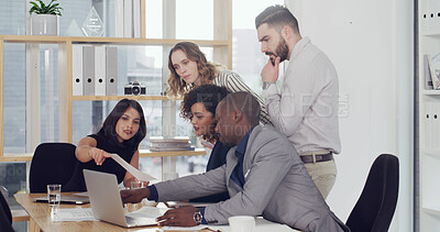 Buy stock photo Laptop, teamwork and reading with business people in office for court case, lawyer and evidence review. Attorney report, settlement documents and planning with employees in law firm for trial memo