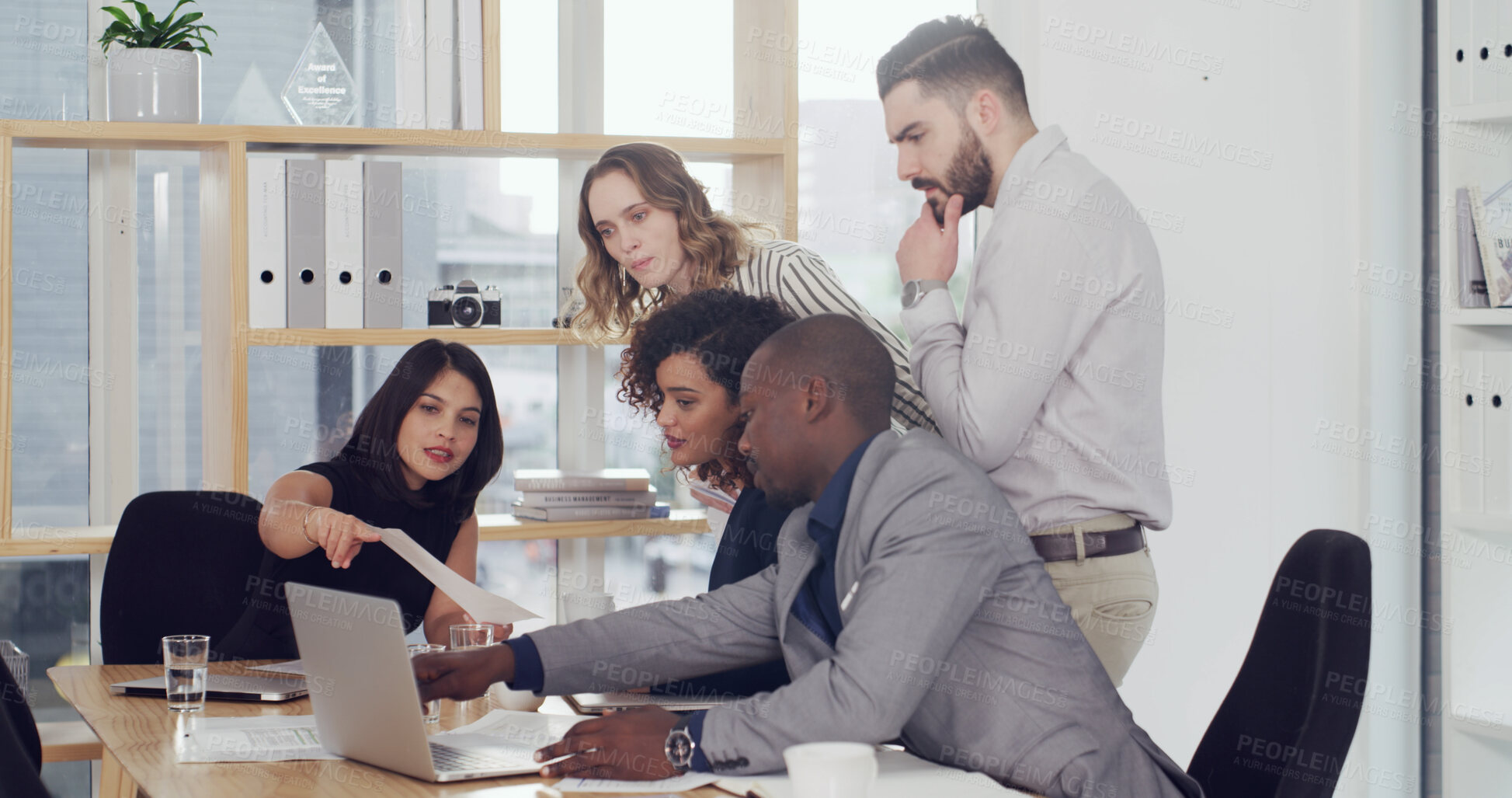 Buy stock photo Laptop, teamwork and reading with business people in office for court case, lawyer and evidence review. Attorney report, settlement documents and planning with employees in law firm for trial memo