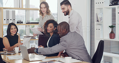 Buy stock photo Laptop, teamwork and review with business people in meeting for sales report, revenue and research. Partnership, finance planning and growth with employees in office for brainstorming and proposal