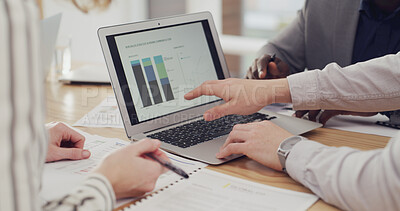 Buy stock photo Laptop screen, research and hands of business people in meeting for sales graph, revenue stats and teamwork. Planning, data analysis and growth with employees in office for brainstorming and proposal