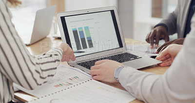 Buy stock photo Laptop screen, teamwork and hands of business people in meeting for sales graph, revenue stats and research. Planning, data analysis and growth with employees in office for brainstorming and proposal