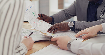 Buy stock photo Hands, meeting and people with documents, office or financial analyst with data, budget or teamwork. Accountant, analysis and group with paperwork for business development, discussion and planning