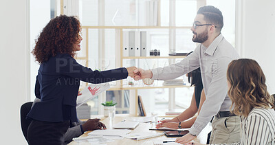 Buy stock photo Businessman, woman and handshake at meeting with smile, deal and agreement for b2b negotiation at office. People, team and shaking hands with thanks, success and achievement at financial agency