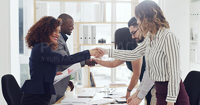Buy stock photo Shaking hands, finance deal and business people in office with partnership, greeting or welcome. Meeting, agreement and financial advisors with handshake for client investment contract in workplace.