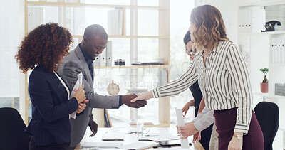 Buy stock photo Handshake, finance deal and business people in office with partnership, greeting or welcome. Meeting, agreement and financial advisors shaking hands with client for investment contract in workplace.