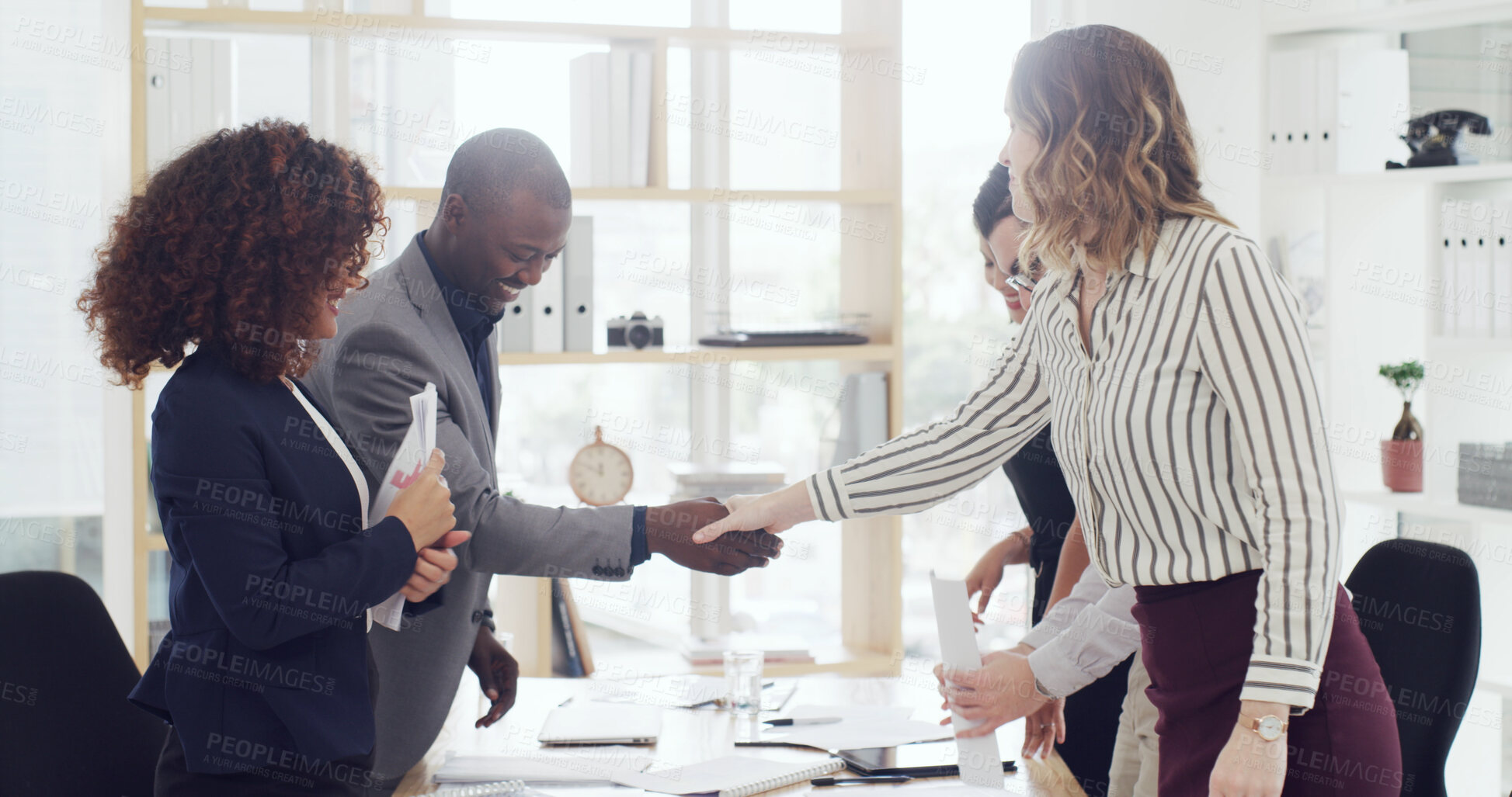 Buy stock photo Handshake, finance deal and business people in office with partnership, greeting or welcome. Meeting, agreement and financial advisors shaking hands with client for investment contract in workplace.