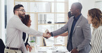 Shaking hands, finance agreement and business people in office with partnership, greeting or welcome. Meeting, deal and financial advisors with handshake for client investment contract in workplace.