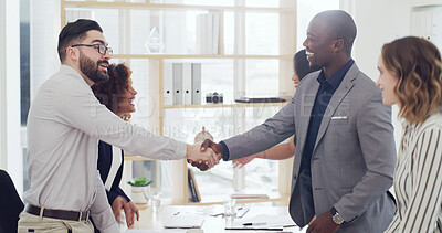 Buy stock photo Shaking hands, finance agreement and business people in office with partnership, greeting or welcome. Meeting, deal and financial advisors with handshake for client investment contract in workplace.