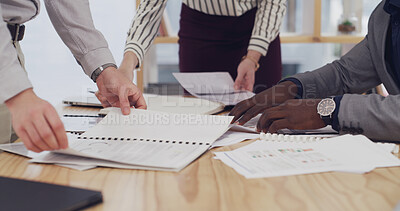 Buy stock photo Hands, team and discussion with documents, office or financial analyst with data, people and budget. Accountant, analysis and group with paperwork for business development, meeting or plan with stats