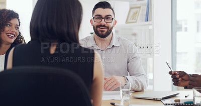 Buy stock photo Smile, report and business people in meeting for planning, strategy or brainstorming together. Discussion, group and employees with proposal, workshop or training for project collaboration or idea