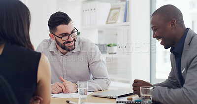 Buy stock photo Laugh, smile and business people in meeting for planning, joke or brainstorming together. Discussion, group and employees with proposal, workshop or training for project collaboration or comedy