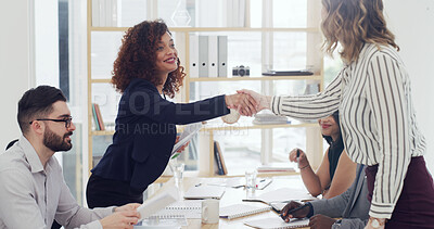 Buy stock photo Handshake, finance partnership and business people in office with deal, greeting or welcome. Meeting, agreement and financial advisors shaking hands with client for investment contract in workplace.
