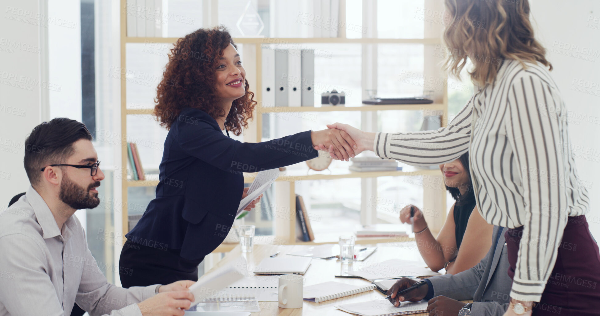 Buy stock photo Handshake, finance partnership and business people in office with deal, greeting or welcome. Meeting, agreement and financial advisors shaking hands with client for investment contract in workplace.