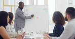 Business, man and writing on whiteboard in office for marketing, sales update and feedback. Speaker, people and explain information on company profit, kpi performance and briefing for revenue growth 