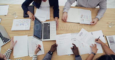 Buy stock photo Business hands, group and laptop with paperwork for campaign stats, KPI performance and teamwork. Above, people and graph screen in office for research strategy, data analysis or marketing management